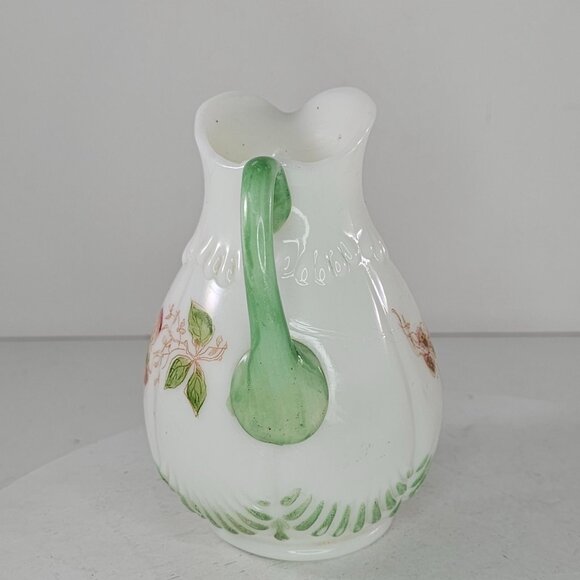 Antique Floral Porcelain Pitcher With Green Handle & Embossed Details - Picture 4 of 8